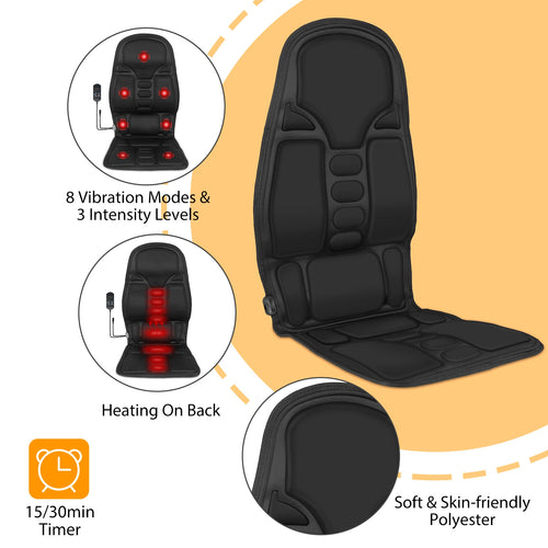 Electric Heated Back Massager Cushion for Chair & Car Seat – 8 Vibration Modes, 3 Intensity Levels, Full Body Relaxation Pad